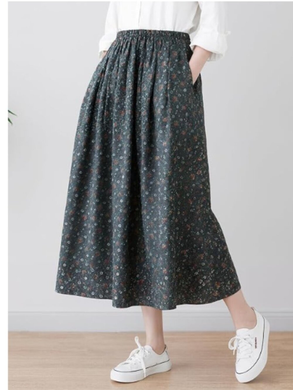 Women Elastic High Waist Pleated Loose Midi Skirt with Side Pockets Size Small